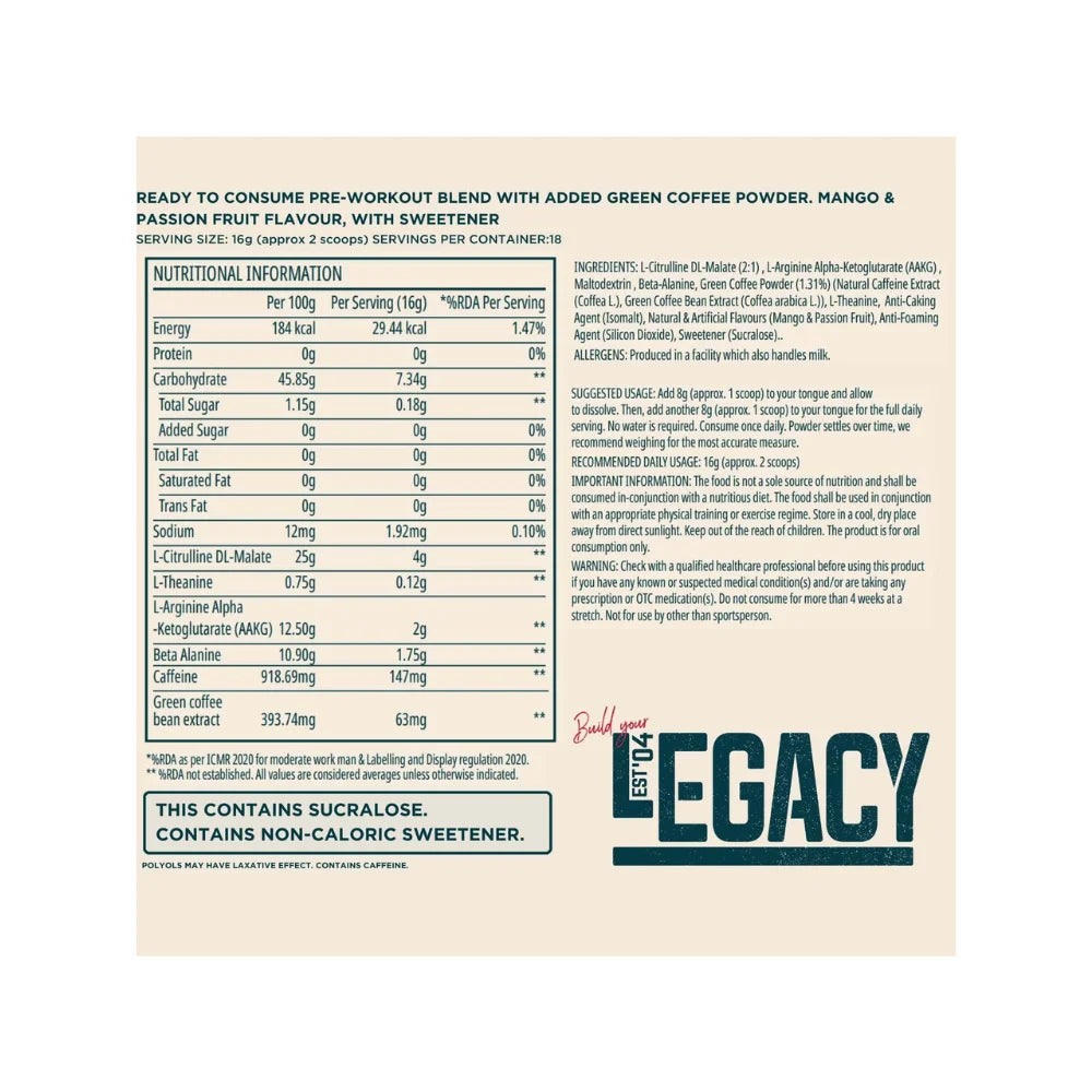 Myprotein Legacy Pre Workout (Dry Scoop) mango & passionfruit nutritional information