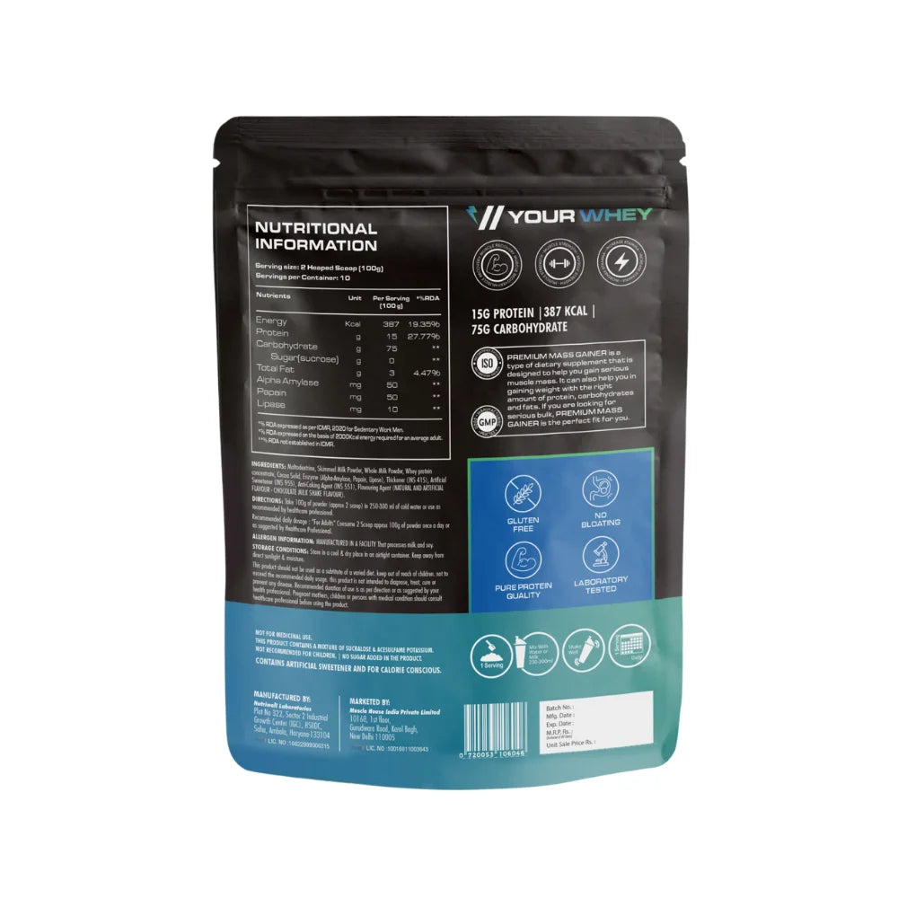 YourWhey Premium Mass Gainer, 1Kg, Nutritional Information 