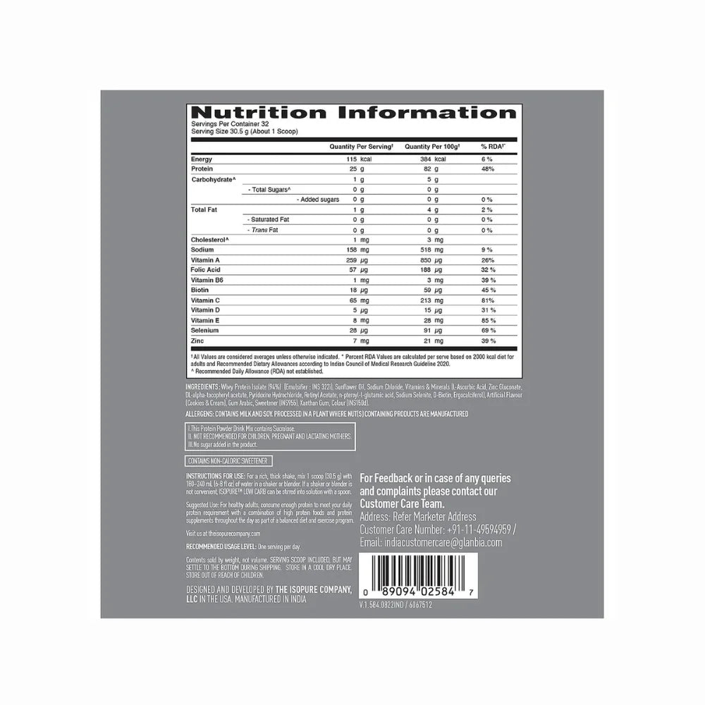 Isopure Whey Protein Isolate Powder 1Kg, Nutrition Information 