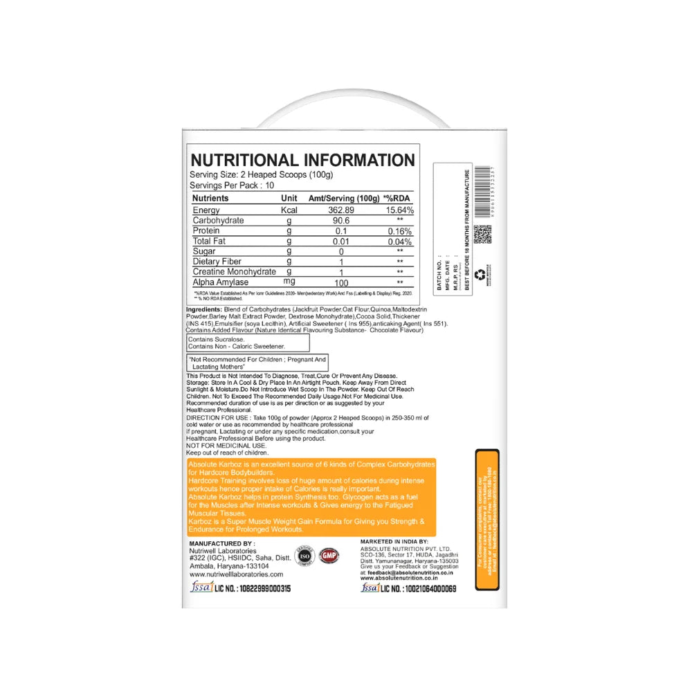 Absolute Nutrition Alpha Karboz Nutritional Information 