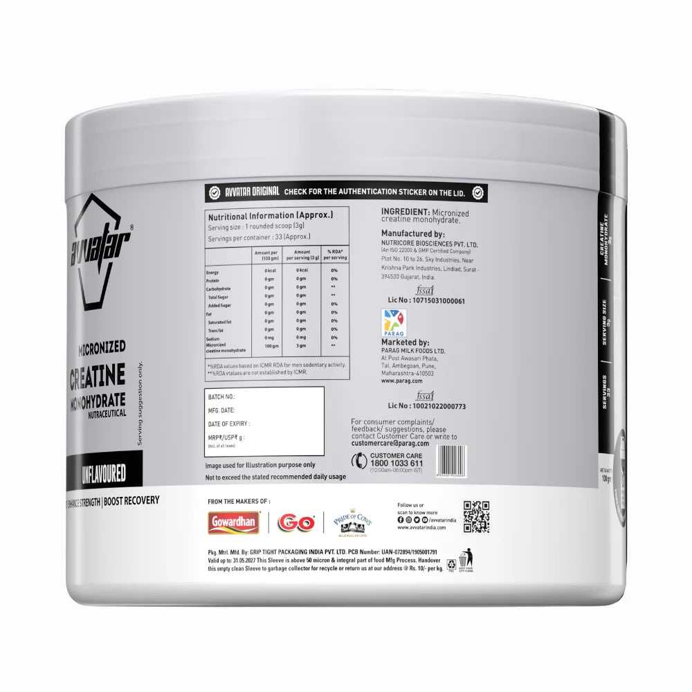 Avvatar Creatine Monohydrate Nutritional Information 