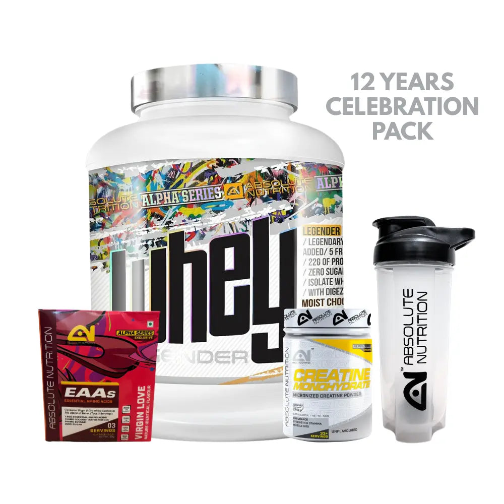 Absolute Nutrition  Whey Legender 12 Years Celebration Pack (Whey Legender 2Kg + Creatine Monohydrate 100g + EAAs 3 Servings + Plastic Shaker)