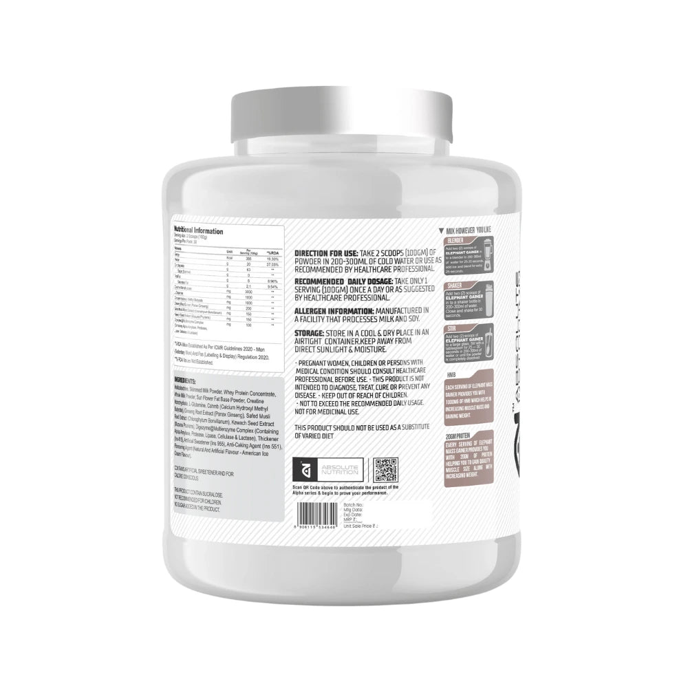 absolute nutrition the elephant mass gainer nutritional facts