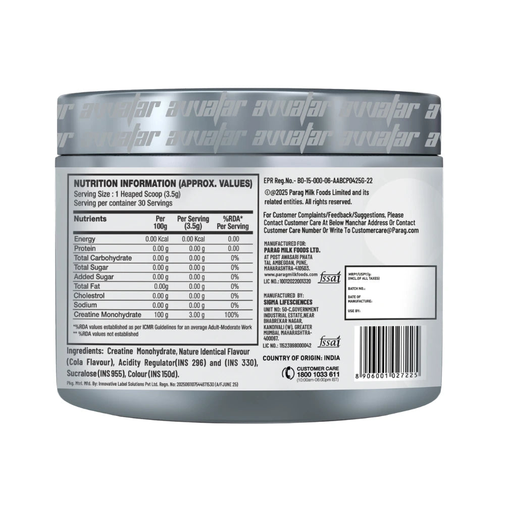 avvatar micronized creatine 105g nutritional facts