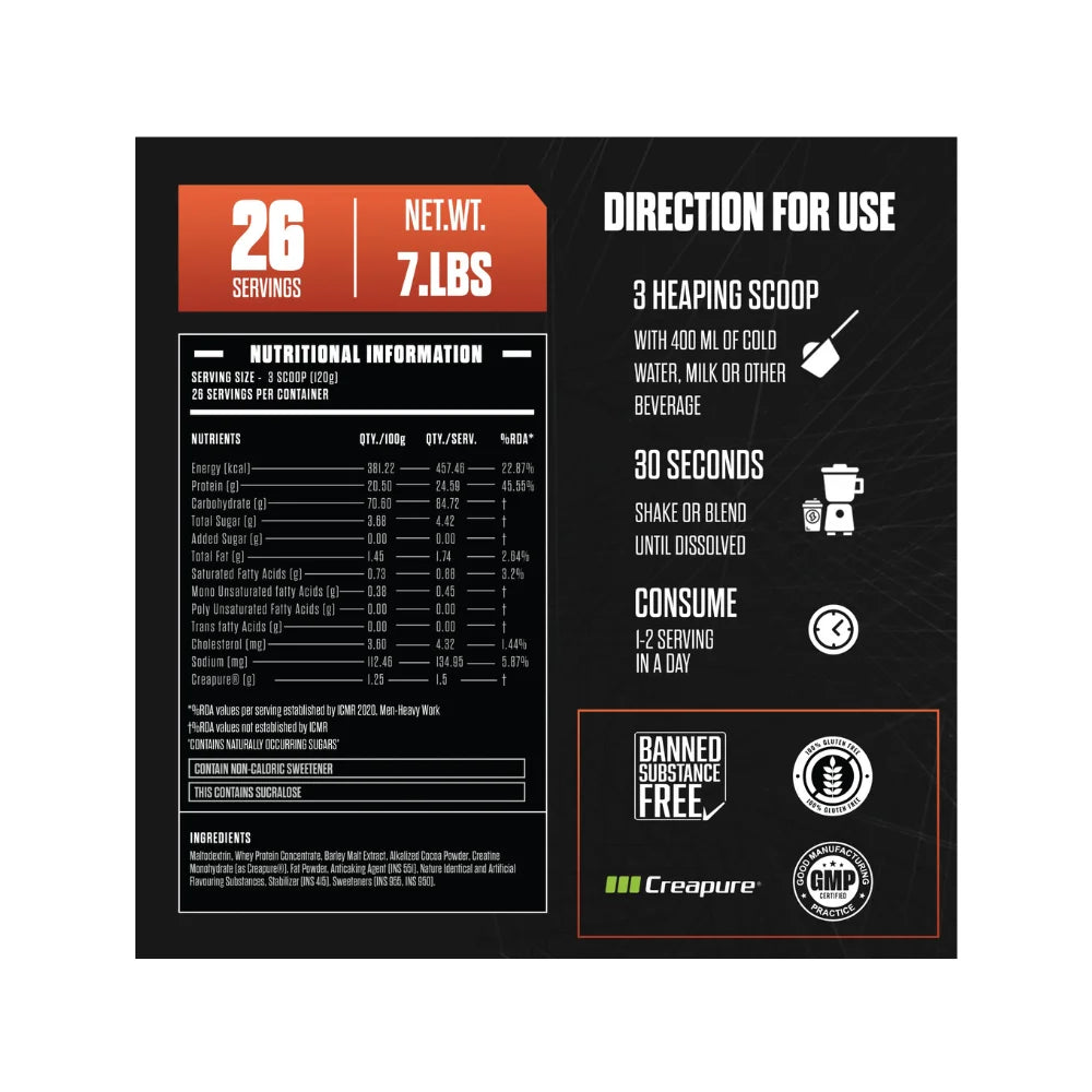 exalt true gaint mass gainer chocolate 3.17kg nutritional information