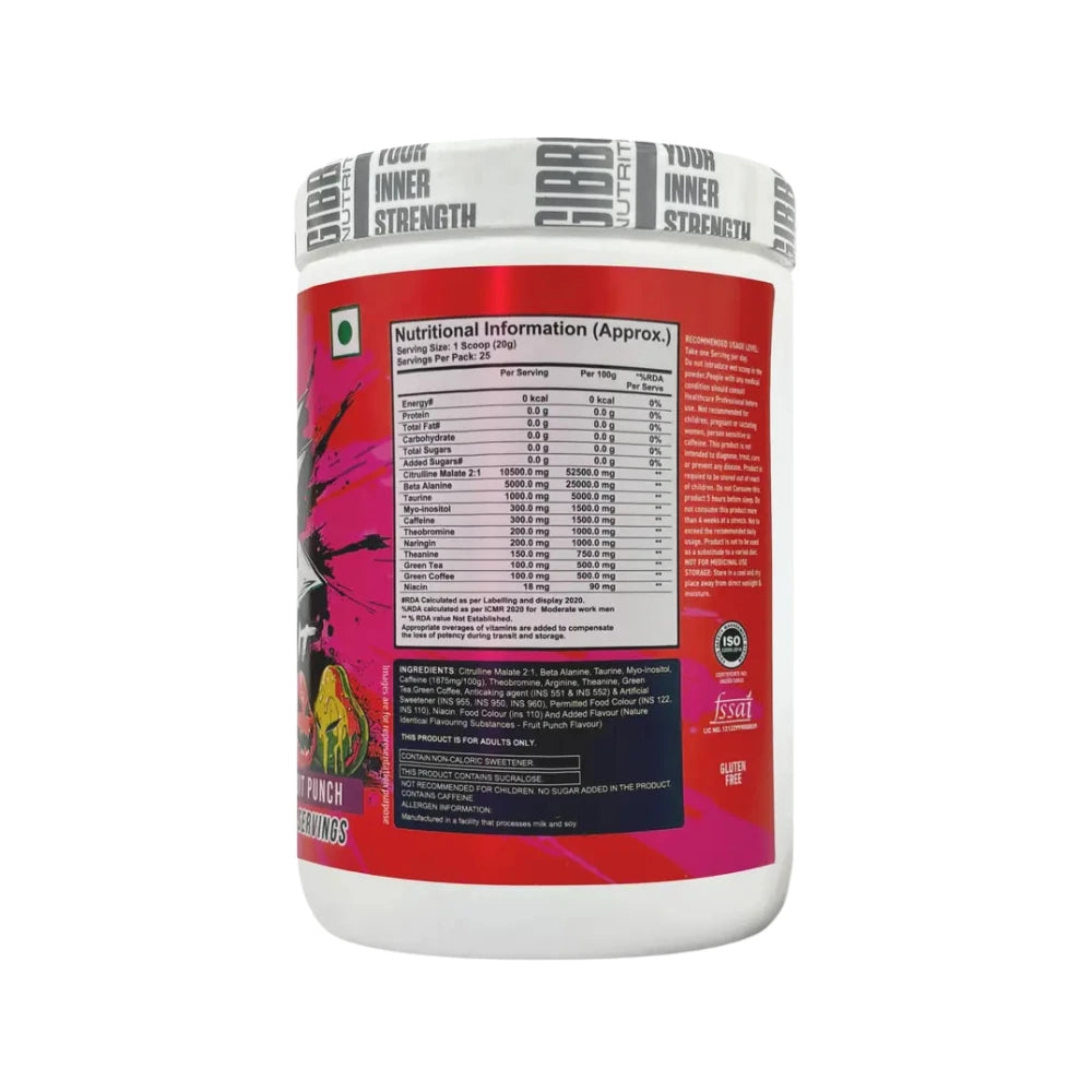 gibbon svelte pre workout 500g nutritional facts