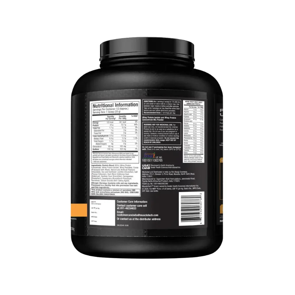 Muscletech Nitro Tech Whey Gold Protein 1.81Kg double rich chocolate nutritional information