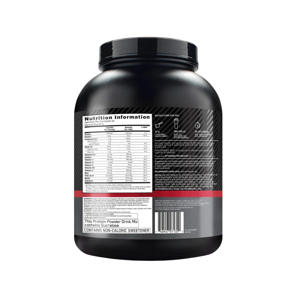 optimum nutrition performance whey 2kg chocolate milkshake nutrition information