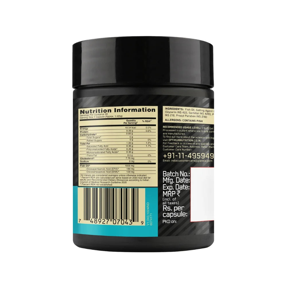 optimum nutrition fish oil 60 softgels nutritional information