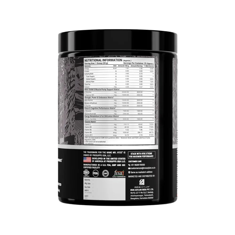 ProSupps Hyde Max Pump Pre Workout Nutritional Information